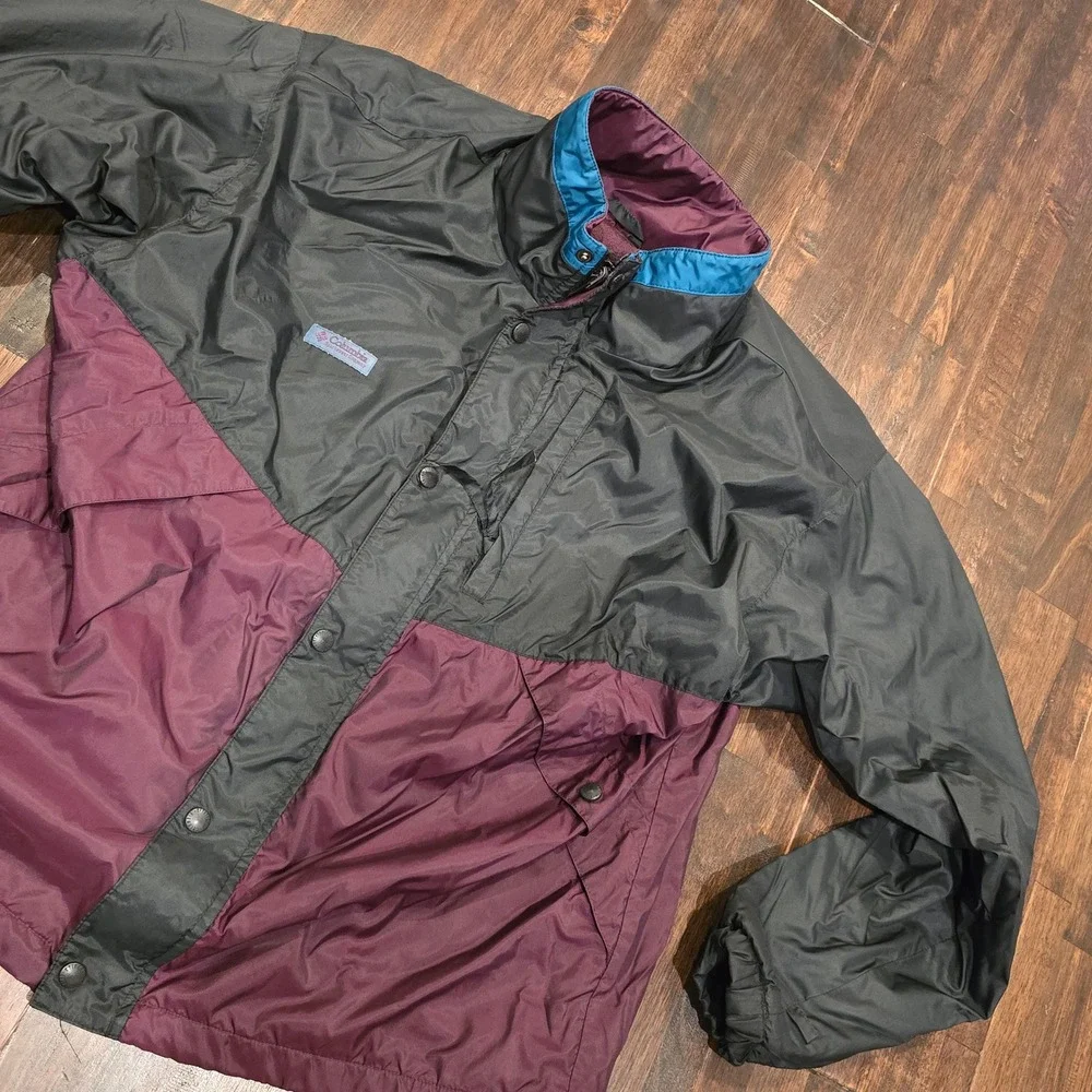 Vintage Columbia Color Block Windbreaker Jacket Mens Burgundy Black Medium‎